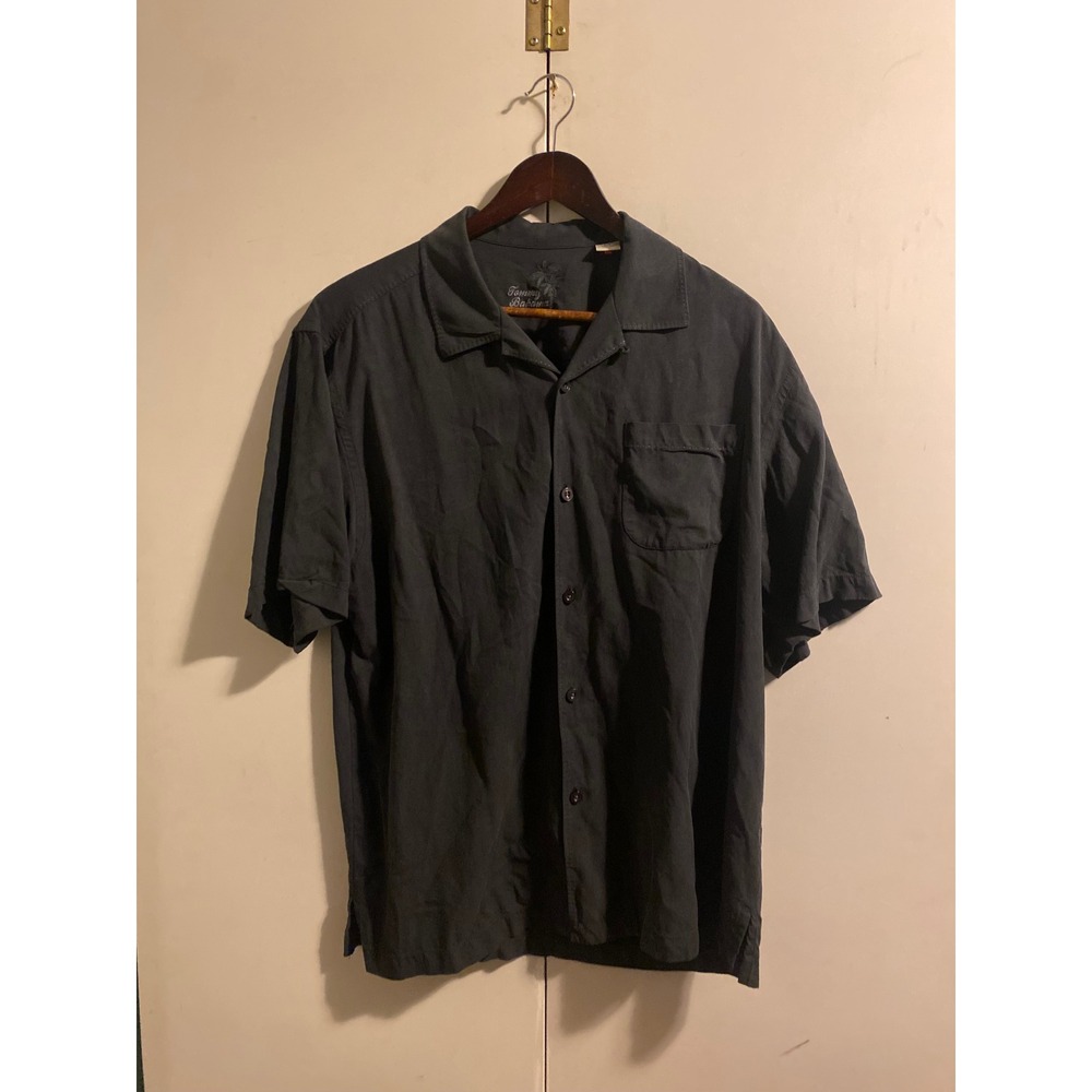 Tommy Bahama Button Down Mens L Black Excellent Silk Short Sleeve Camp Shirt